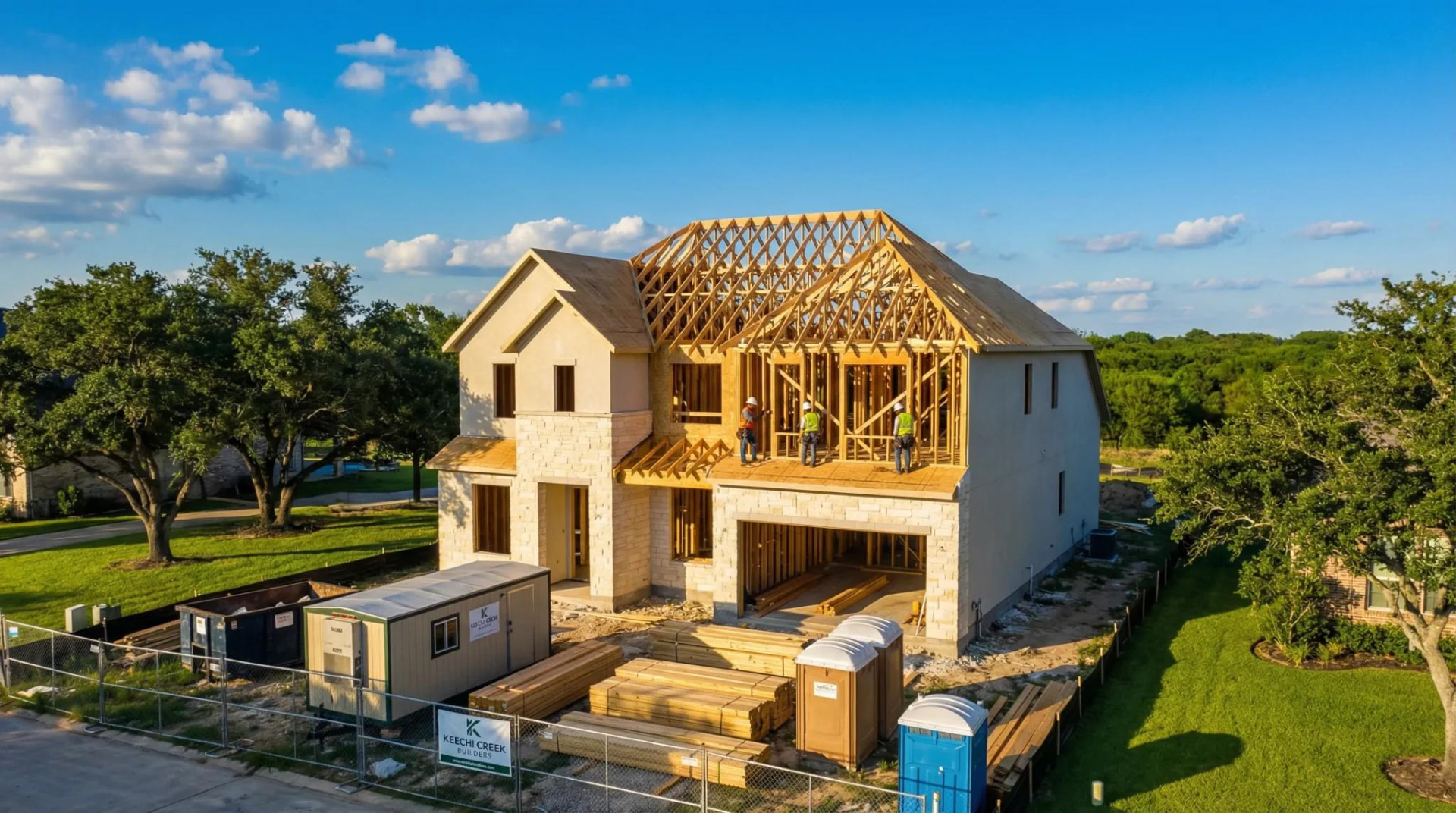 Modern residential home under construction with framing crew